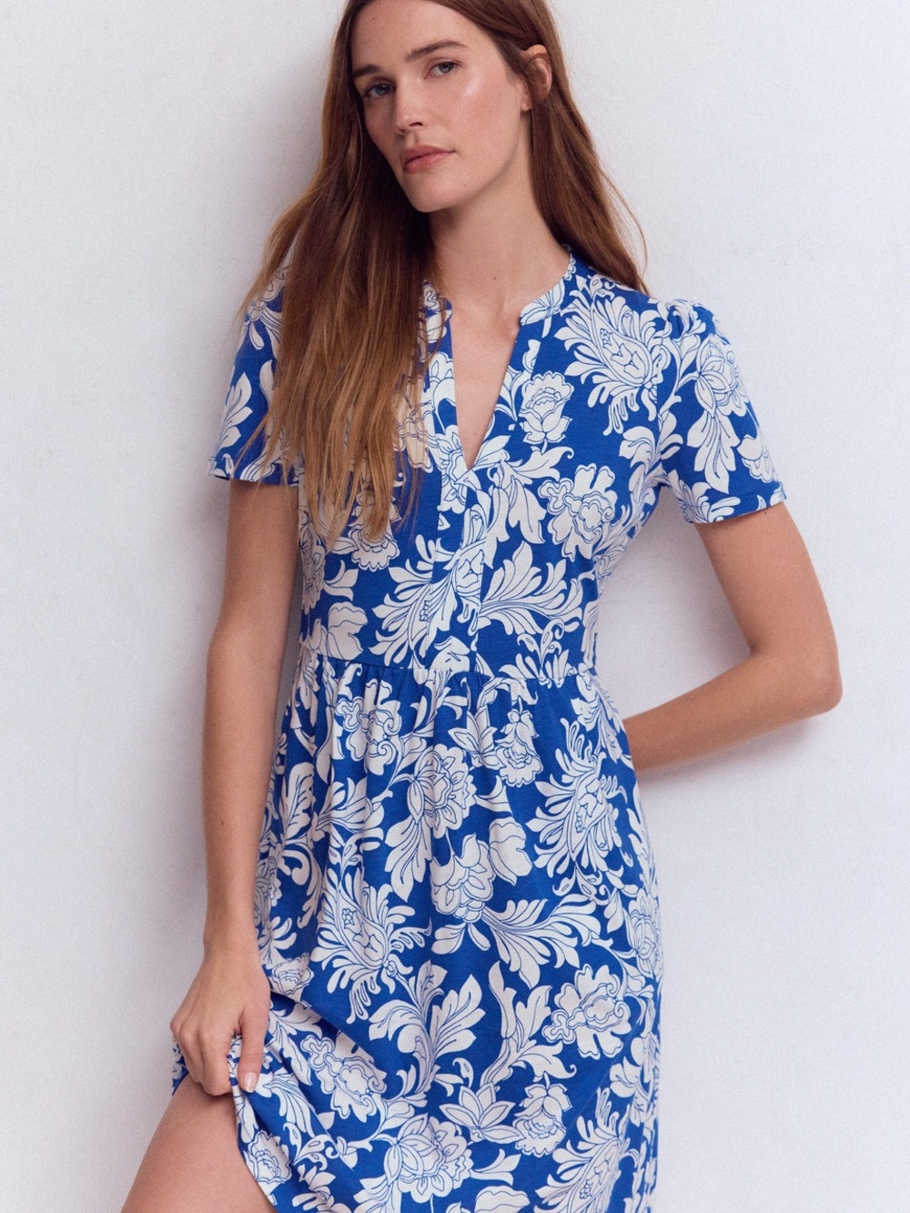 Boden Naomi Short Sleeve Dress Blue Botanical Flourish Mono